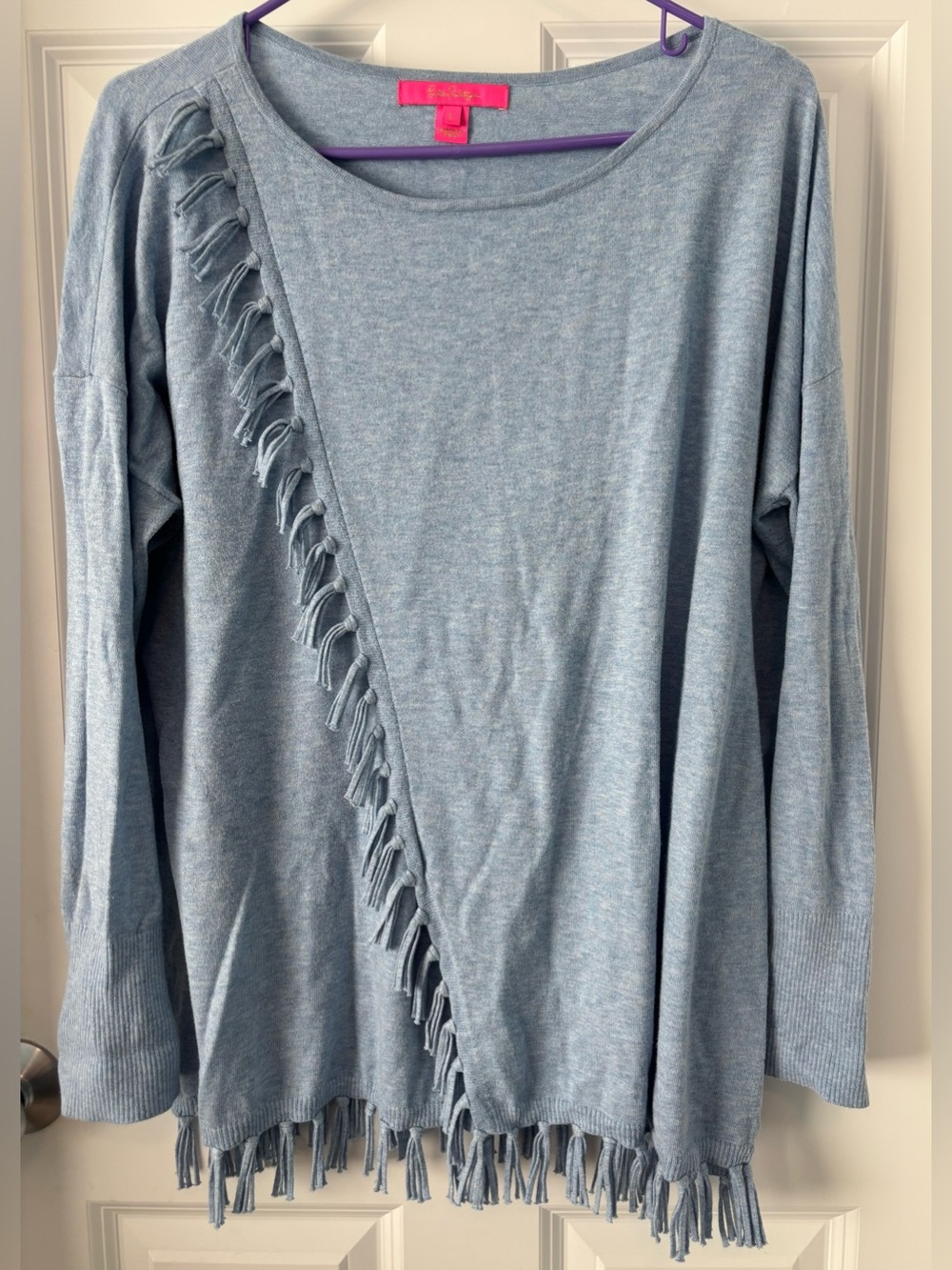 Lilly Pulitzer Emberly Sweater Light Blue Fringe Boxy Size Large VGUC!